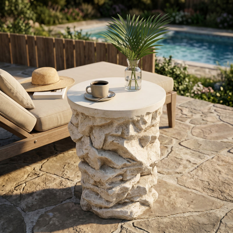 Beige Round Faux Stacked Stone MGO Side Table, photo 3 of 10