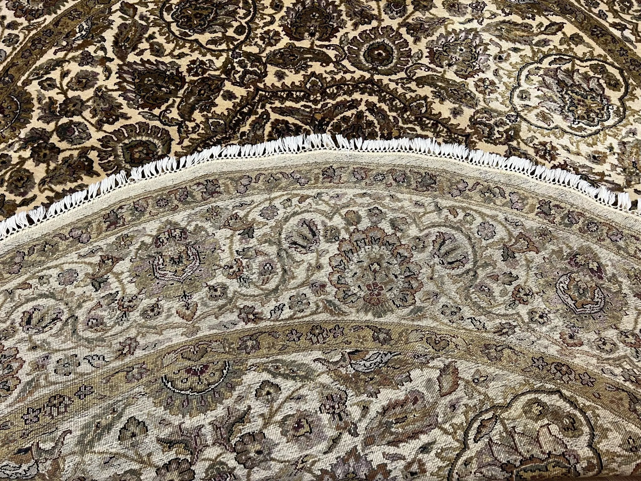 Round Indo Persian Rug 8x8 ft, Large Hand Knotted Vintage Wool Circular Carpet, 8ft Round Oriental Rug, Floral Medallion, Cream and Green by Jewel Rugs