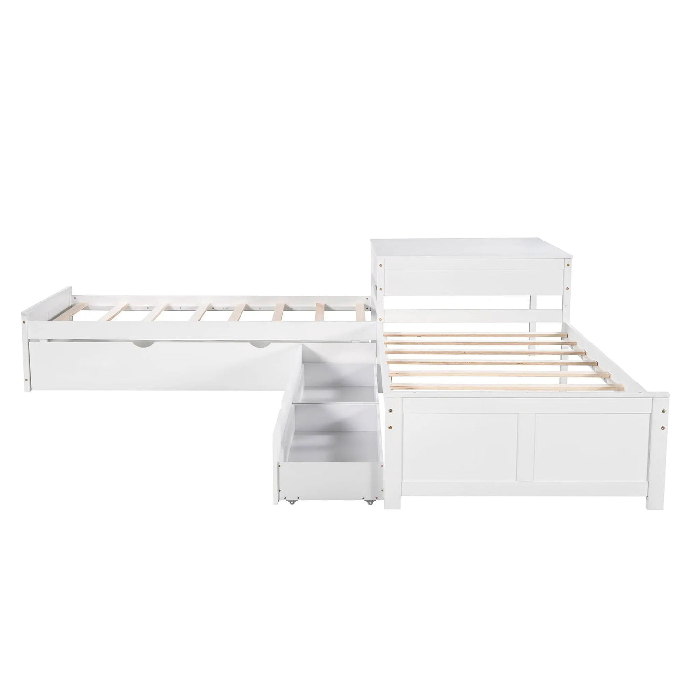 L Shaped Platform Bed With Trundle And Drawers Linked With Built In Desk by HouseOfZazla