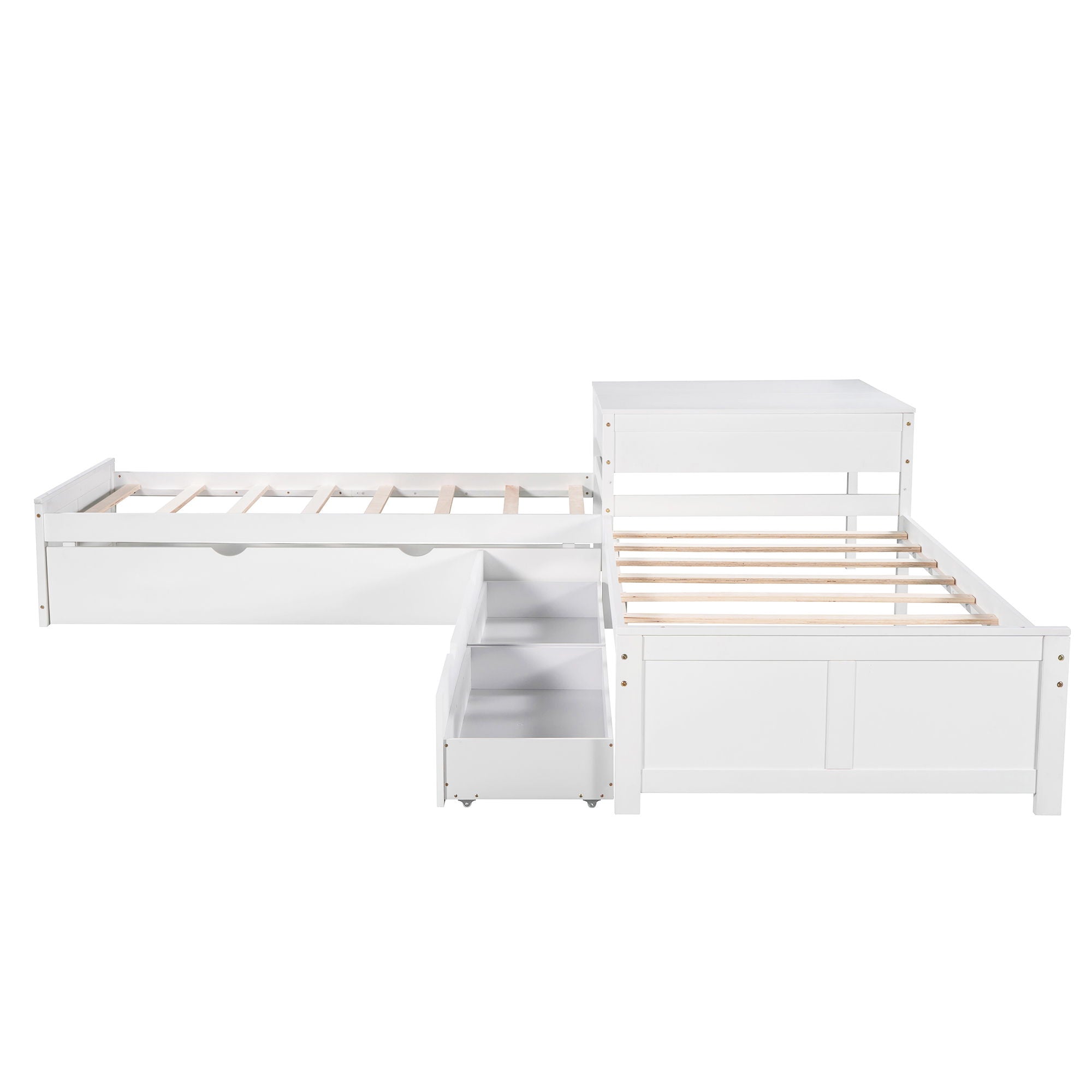 L Shaped Platform Bed With Trundle And Drawers Linked With Built In Desk by HouseOfZazla