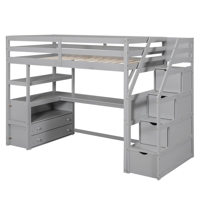 Loft Bed With Desk, Shelves, 2 Drawers, Storage Staircase
