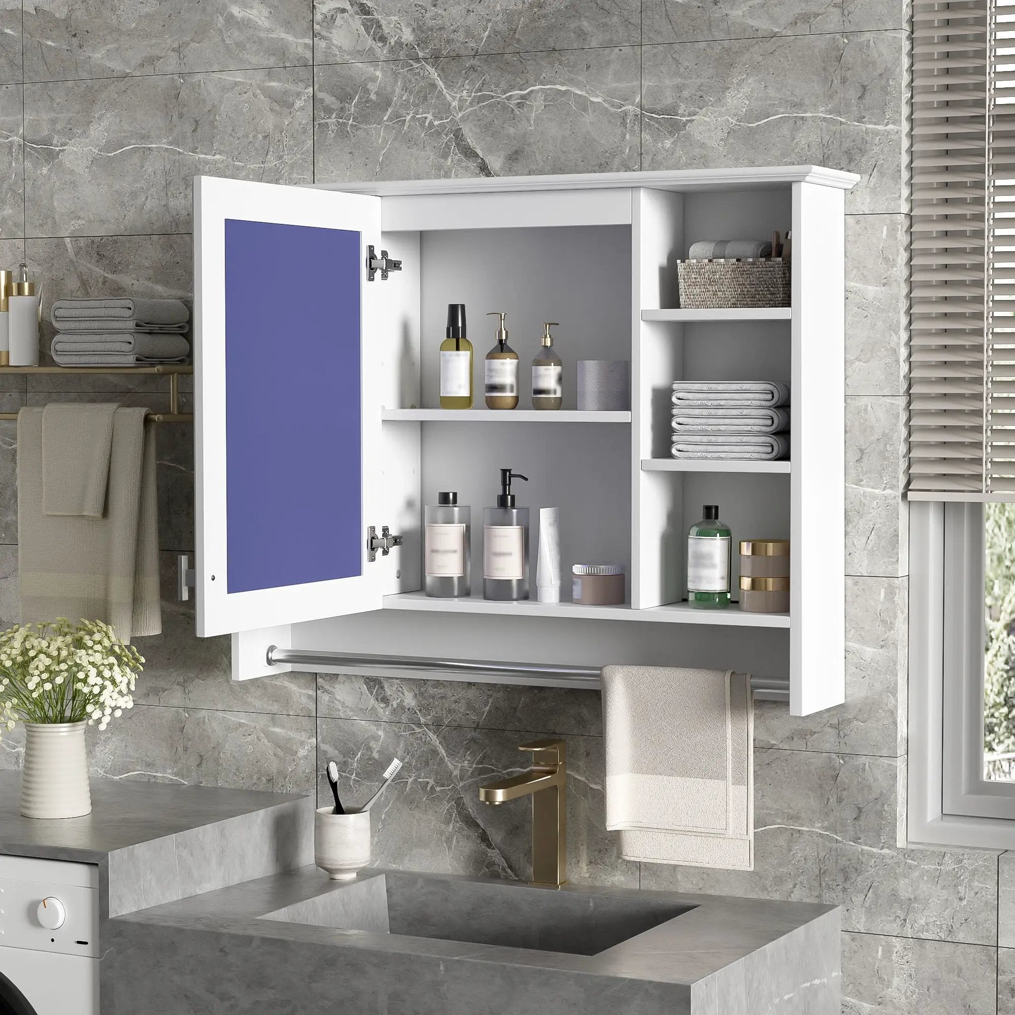Modern Wall Mounted Mirror Cabinet With Adjustable Shelf, Soft Close Door, And Towel Bar by Unique Piece Furniture