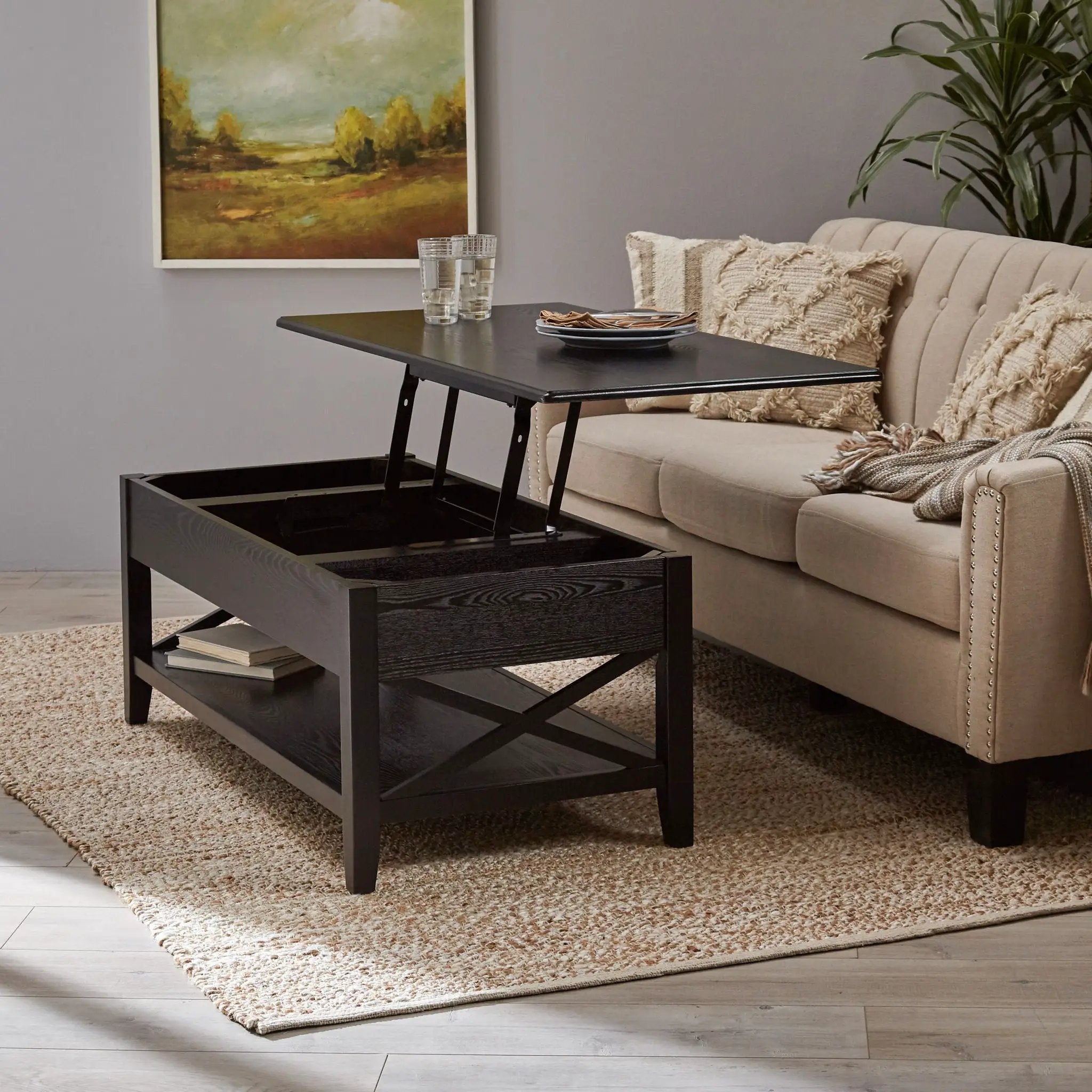 Decatur Farmhouse Lift Top Coffee Table With Storage - Black / Ash by HouseOfZazla