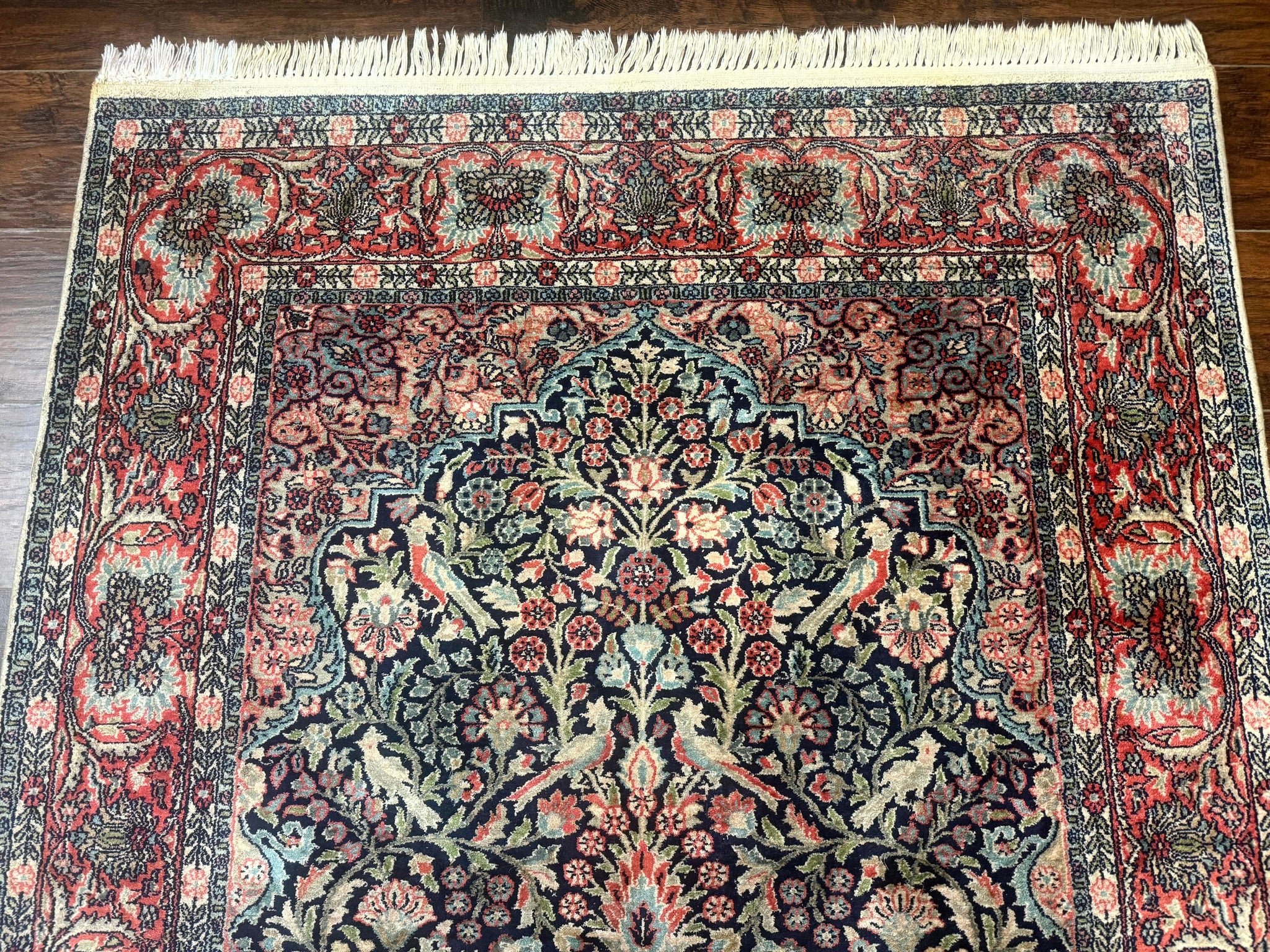 Silk Indian Kashmiri Rug 4x6, Tree of Life Pattern, Birds, Fine 290 KPSI, Navy Blue and Red, Handmade Oriental Carpet by Jewel Rugs