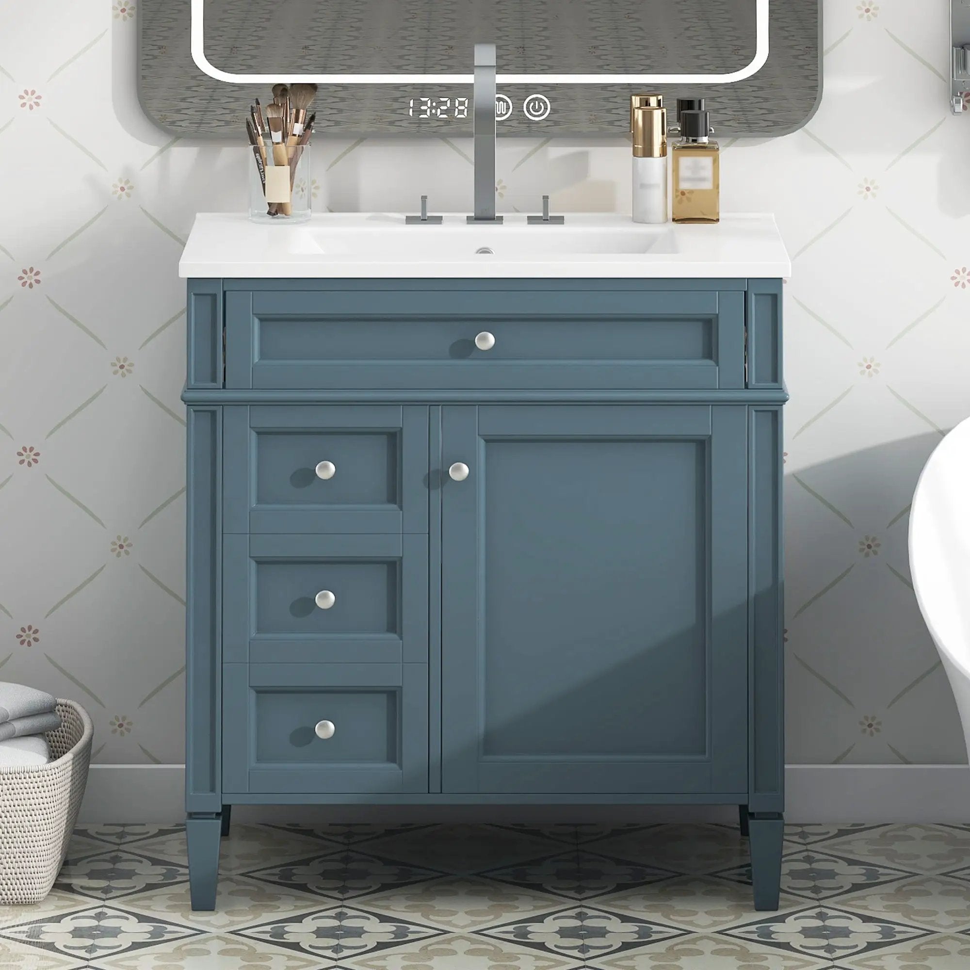 Bathroom Vanity With Top Sink, Storage Cabinet With 2 Drawers And Tip Out Drawer, Rectangular Design - Blue by Unique Piece Furniture