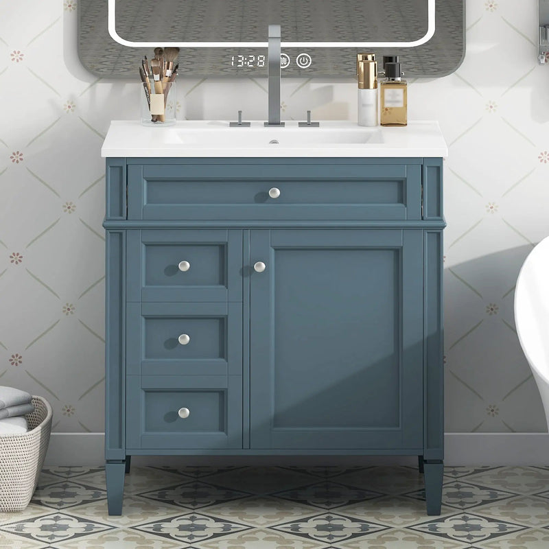 Bathroom Vanity With Top Sink, Storage Cabinet With 2 Drawers And Tip Out Drawer, Rectangular Design - Blue by Unique Piece Furniture