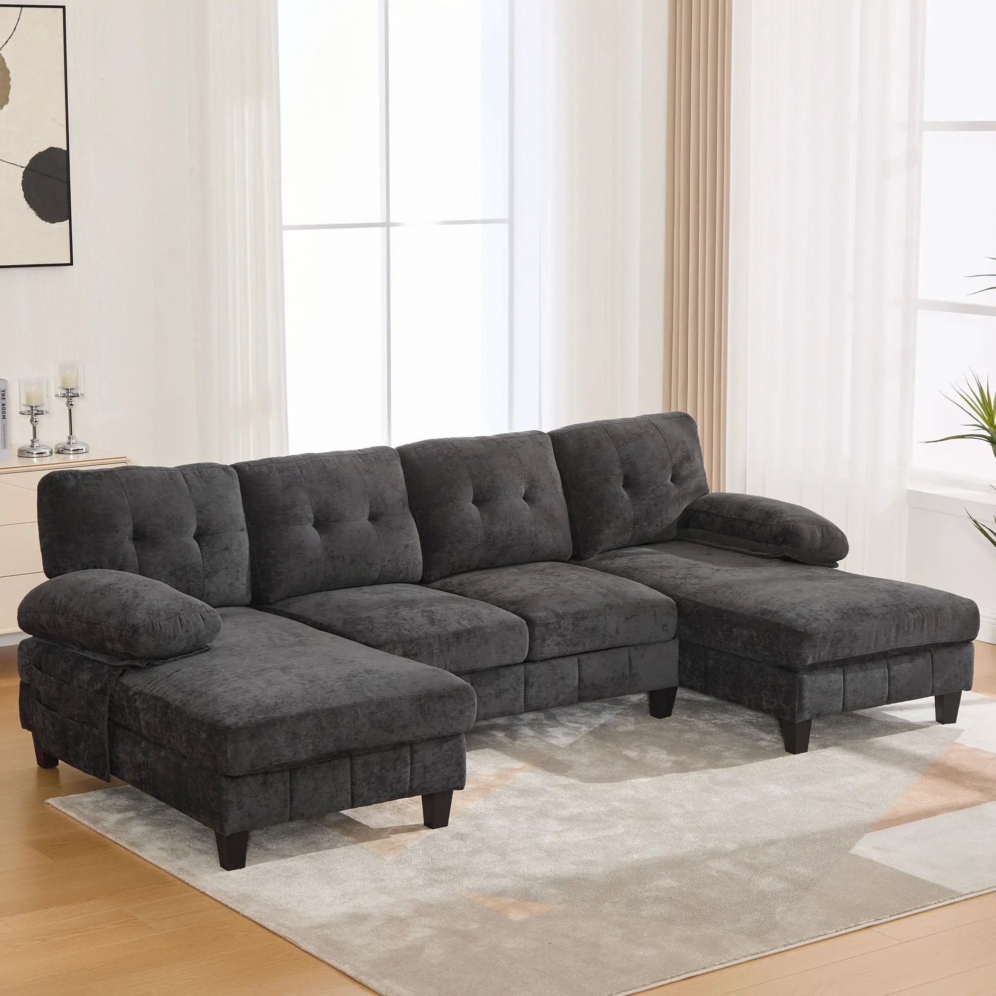 U-Shaped Sectional Sofa 103.5" Fabric Couch With Dual Chaise Lounges, Storage Pockets, Armrest Pillows by HouseOfZazla