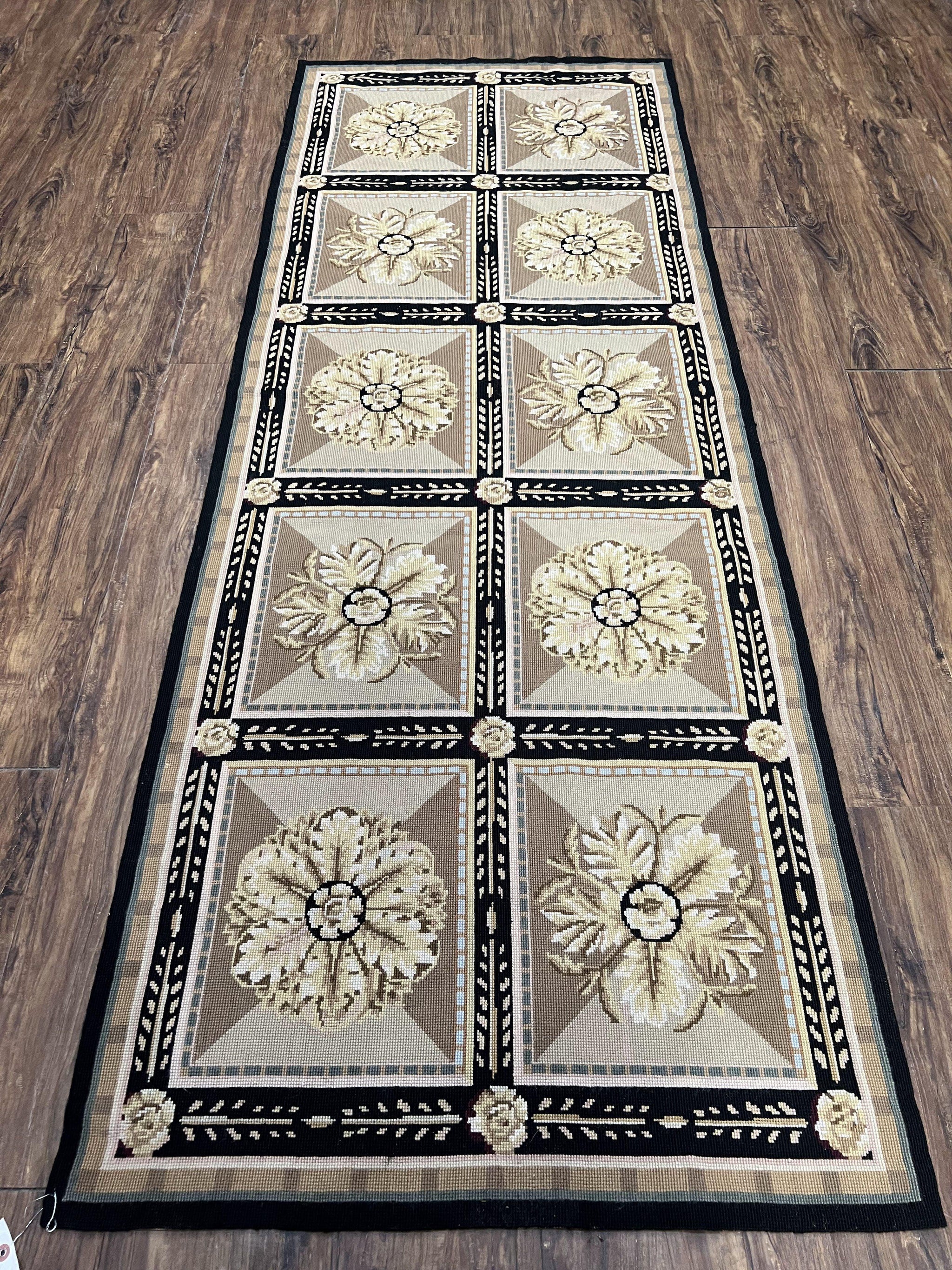 Needlepoint Runner Rug 3x8 Panel Design Rug, Flatweave Runner Rug, English Design, Floral, Short Runner Rug, Black and Beige Wool Hand-Woven by Jewel Rugs