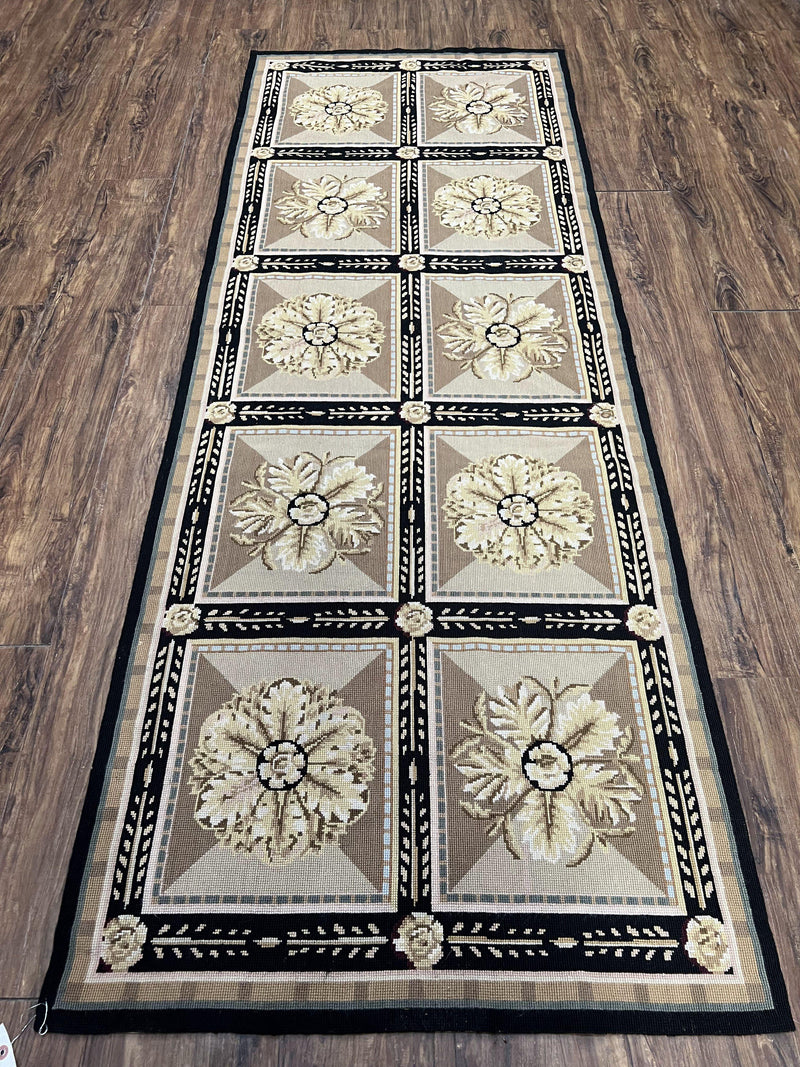 Needlepoint Runner Rug 3x8 Panel Design Rug, Flatweave Runner Rug, English Design, Floral, Short Runner Rug, Black and Beige Wool Hand-Woven by Jewel Rugs