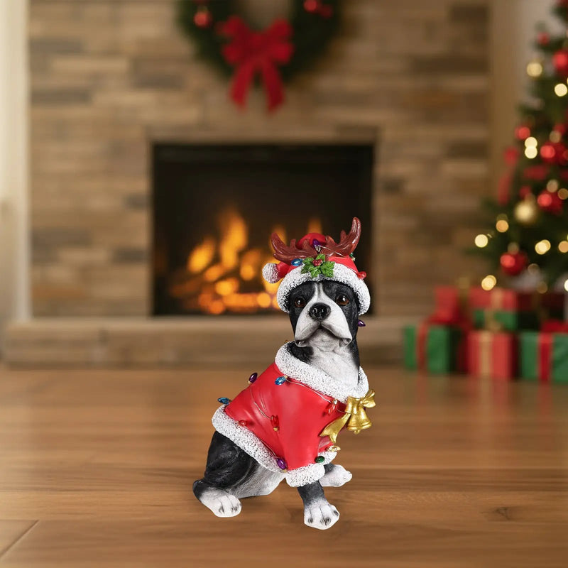 Christmas Boston Terrier Statue, Holiday Dog Figurine in Santa Outfit by HouseOfZazla