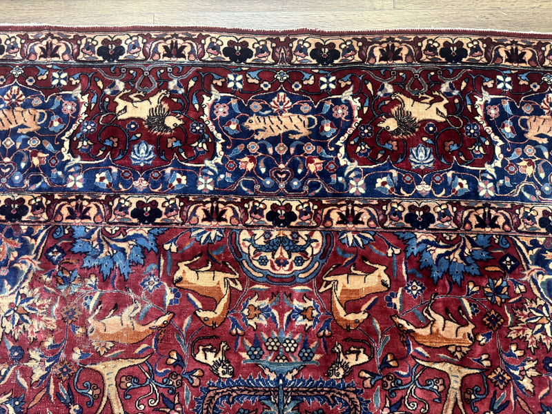 Antique Indo Persian Kerman Rug 9x12 Red Manchester Wool Animal Pictorials, Fine 290 KPSI by Jewel Rugs