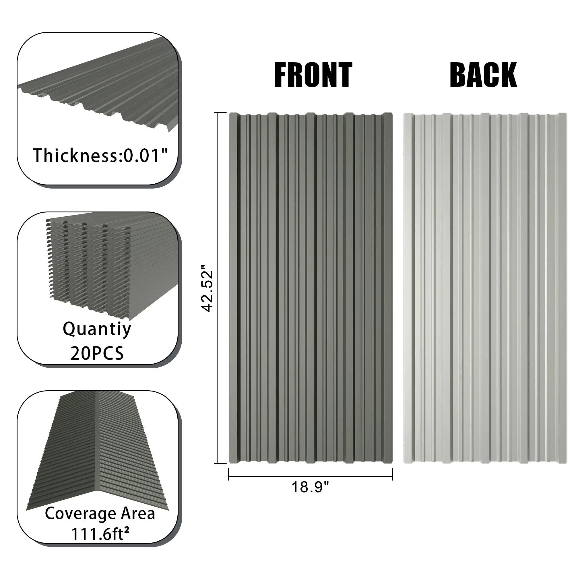 20 Pcs 42.52''X18.9'' Corrugated Metal Roofing Panels by HouseOfZazla