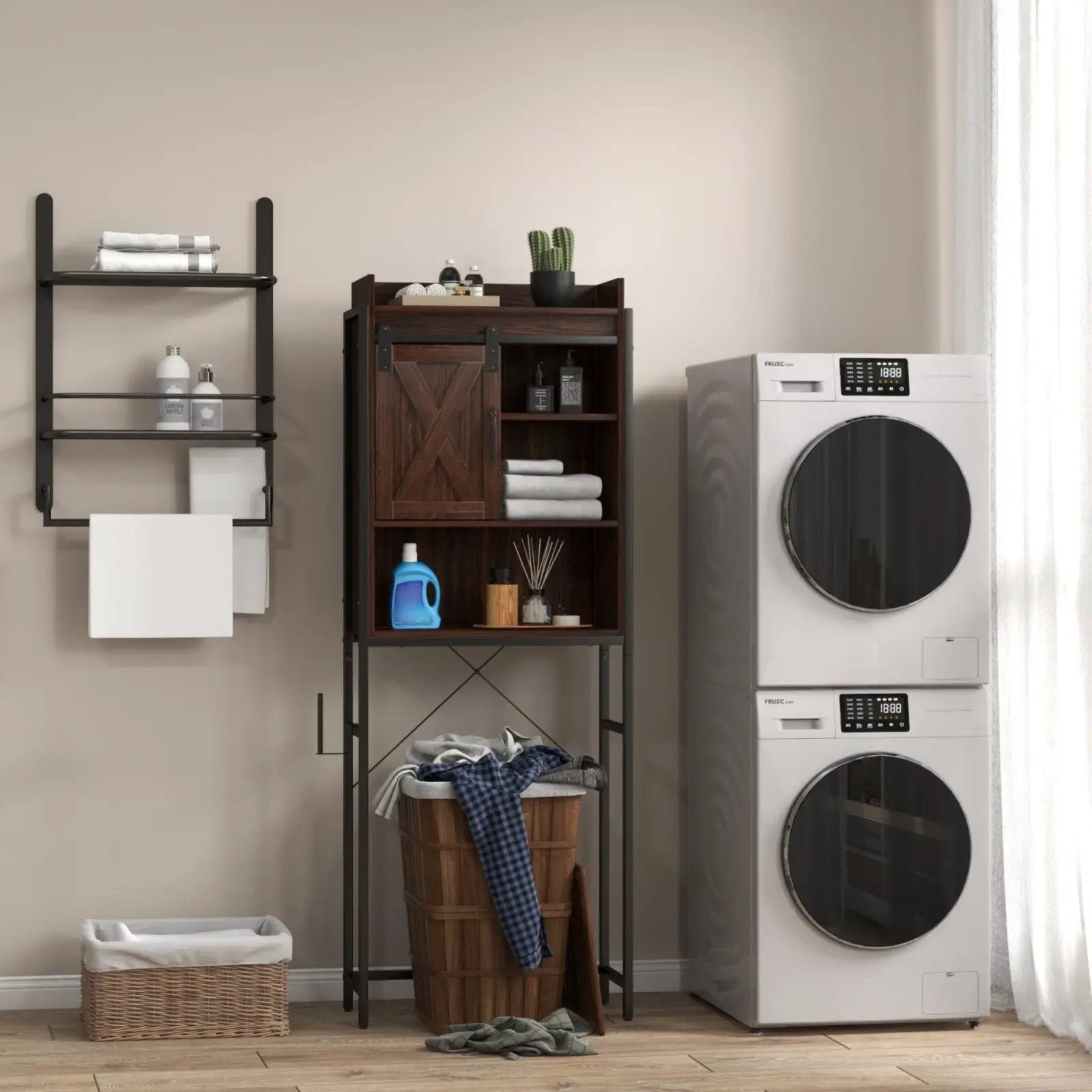 Laundry Room Bundle: Wooden Cabinet Wall-Mounted Bathroom Storage Clothe Dryer Laundry Basket by DirectDeals