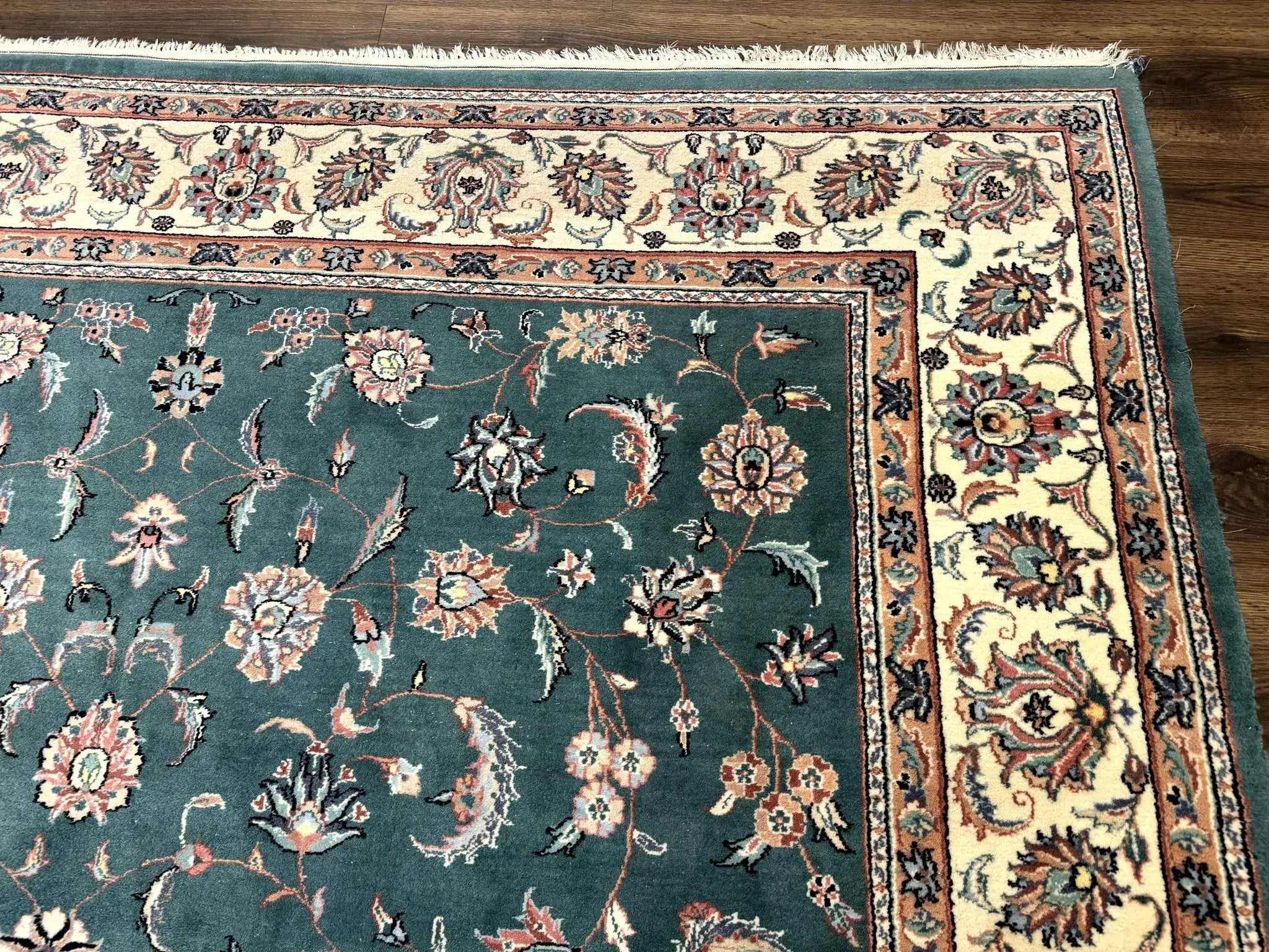 Indo Persian Rug 8x10, Green and Beige Oriental Carpet, Traditional Wool Area Rug, Floral Allover Pattern by Jewel Rugs