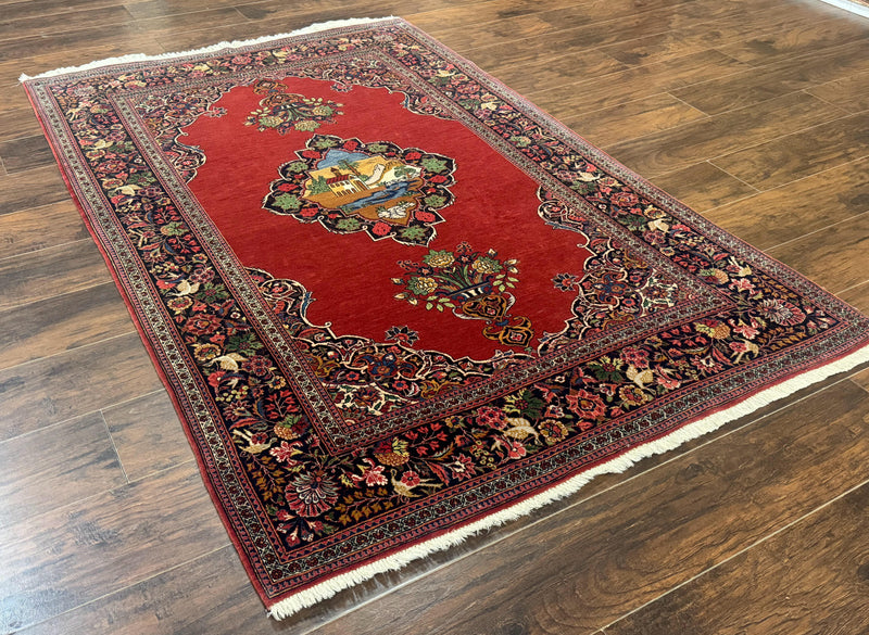 Red Persian Kashan Rug 4x6, Very Fine 260 KPSI, Red and Navy Blue Persian Carpet, Semi Open Field by Jewel Rugs