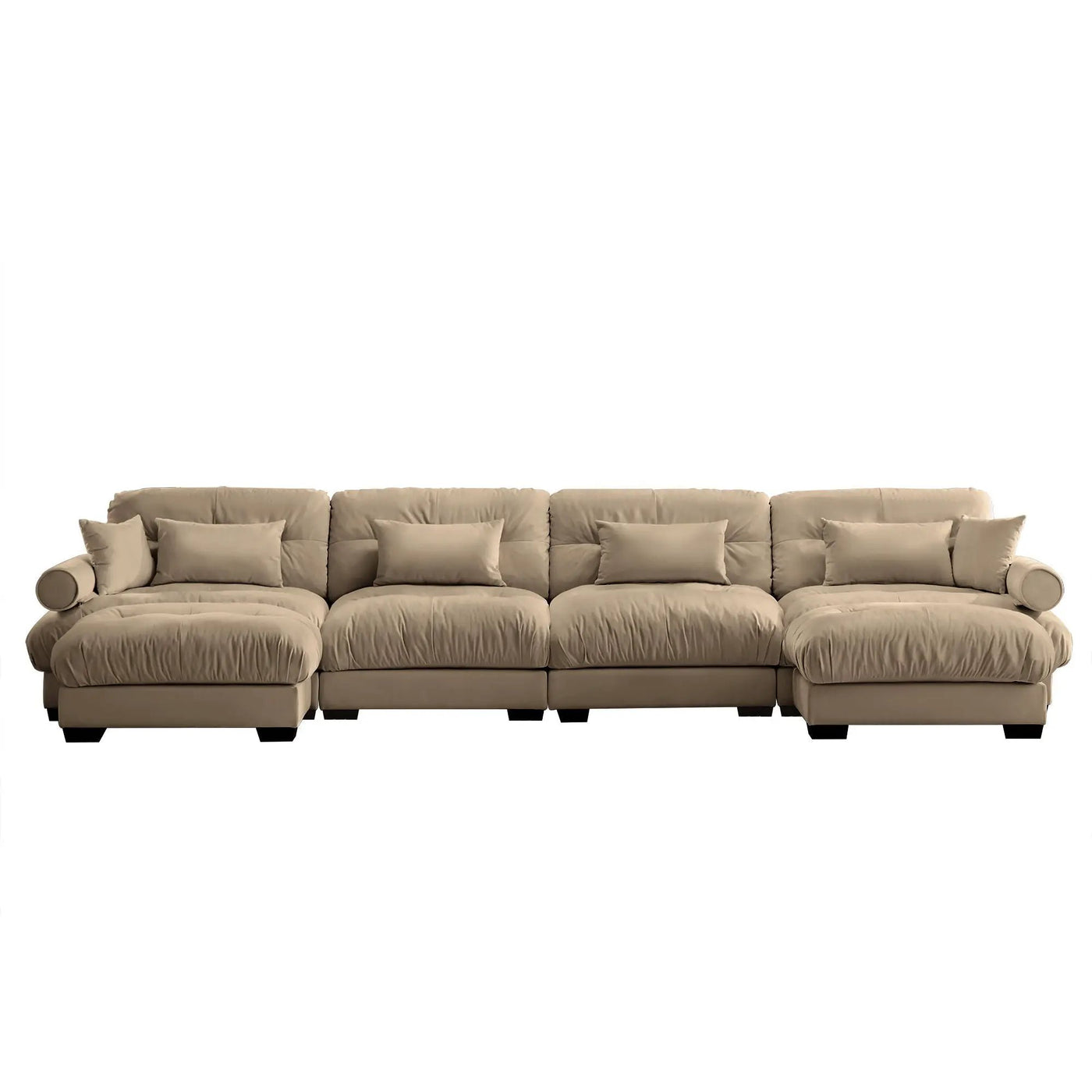 Modern Sectional Sofa With Ottoman, Round Bolster Armrests, Waist And Throw Pillows by HouseOfZazla