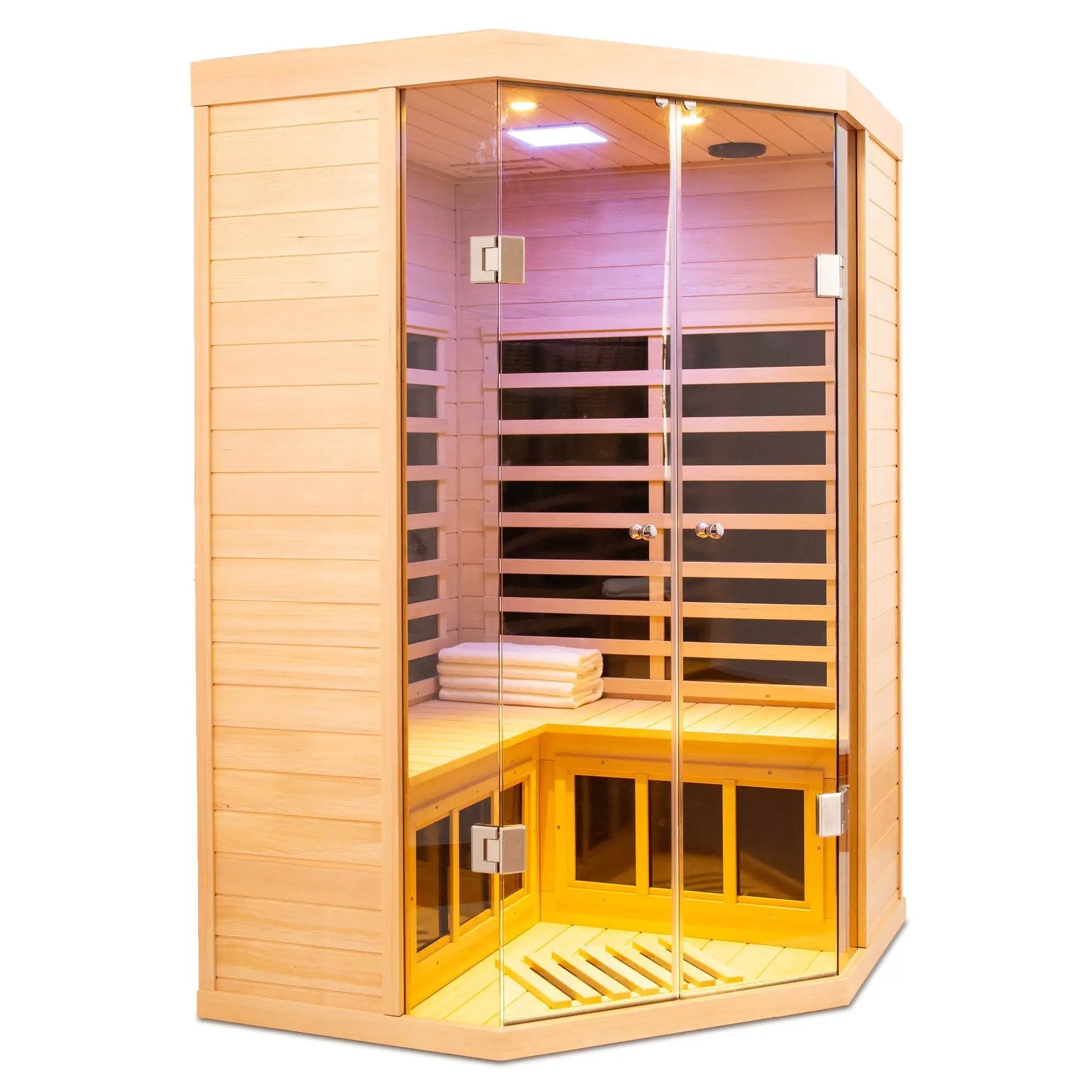 Deluxe Hemlock Far Infrared Corner Sauna Room with Glass Front for Two Persons by HouseOfZazla