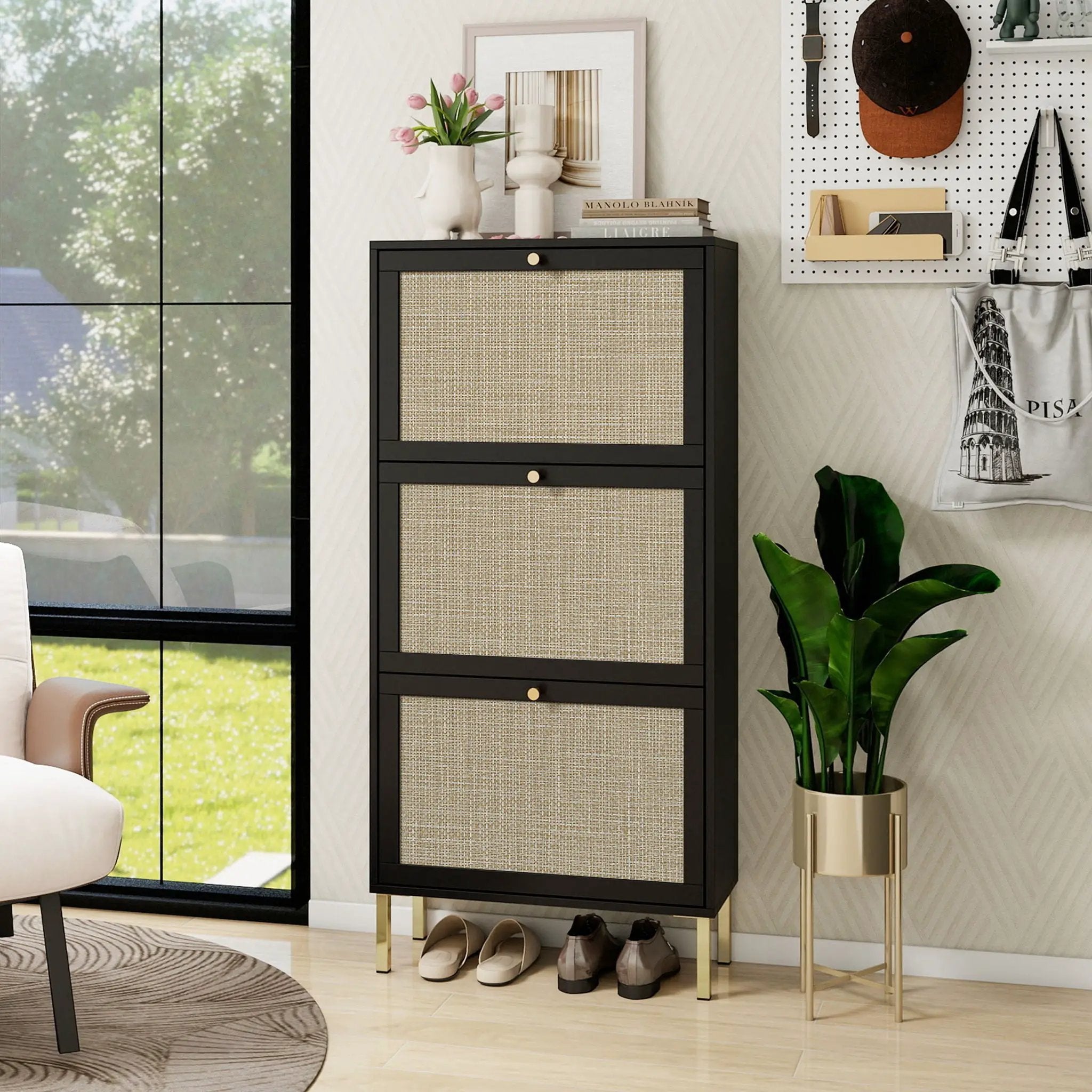 Modern Rattan 3 Door Shoe Rack Cabinet For Entryway by Unique Piece Furniture