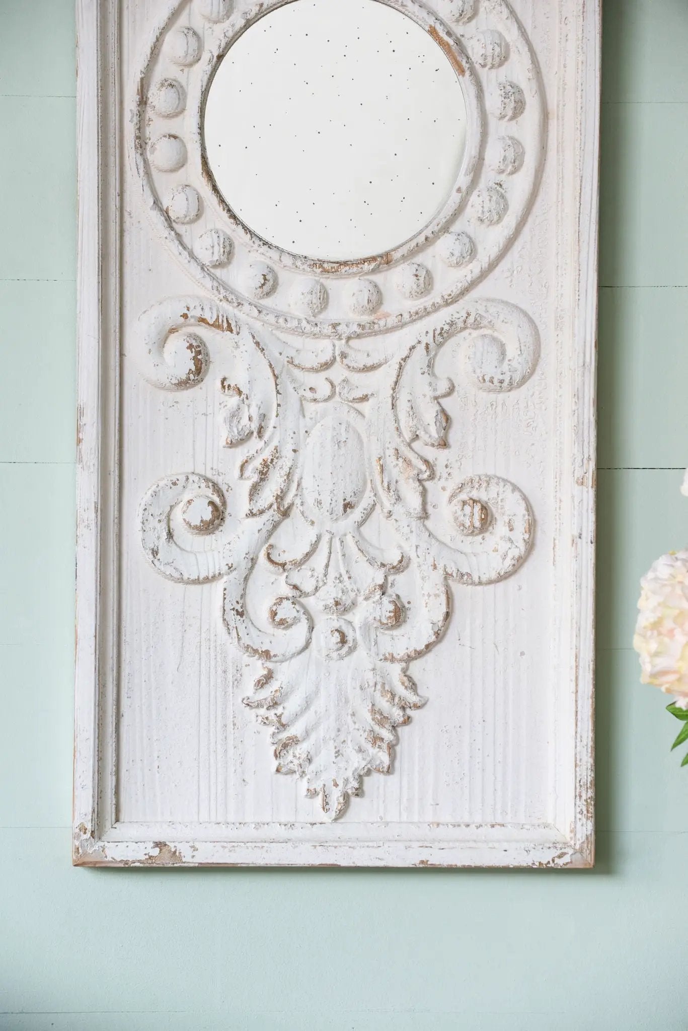 Large Wooden Wall Art Panels With Distressed Round Mirror Accents (Set of 2) - White by HouseOfZazla