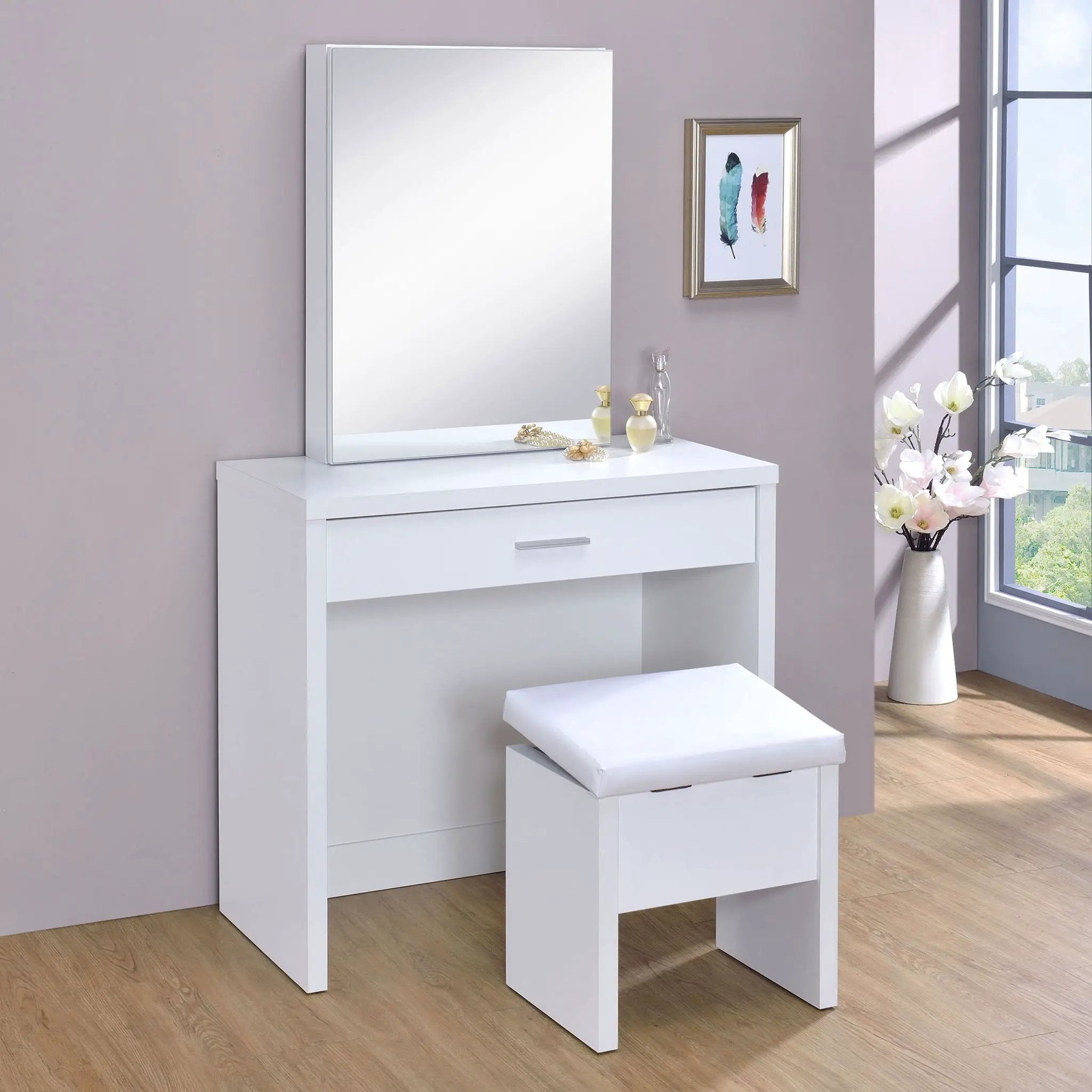 Harvey Vanity Set with Lift-Top Stool White by Unique Piece Furniture