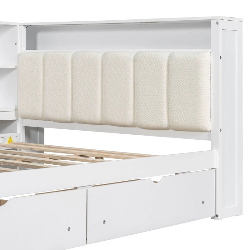 Platform Bed With Storage Shelves, Drawers, Charging Station, LED, Desk