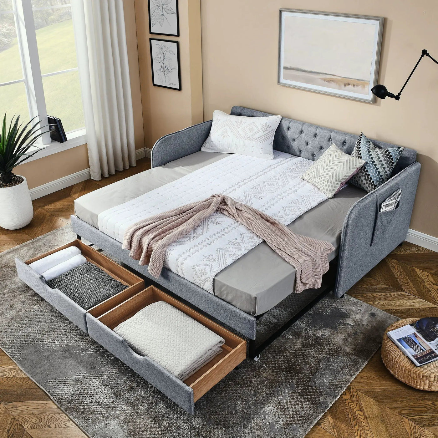 Daybed With Trundle And Storage Drawers, Flat Arms With Pocket by HouseOfZazla