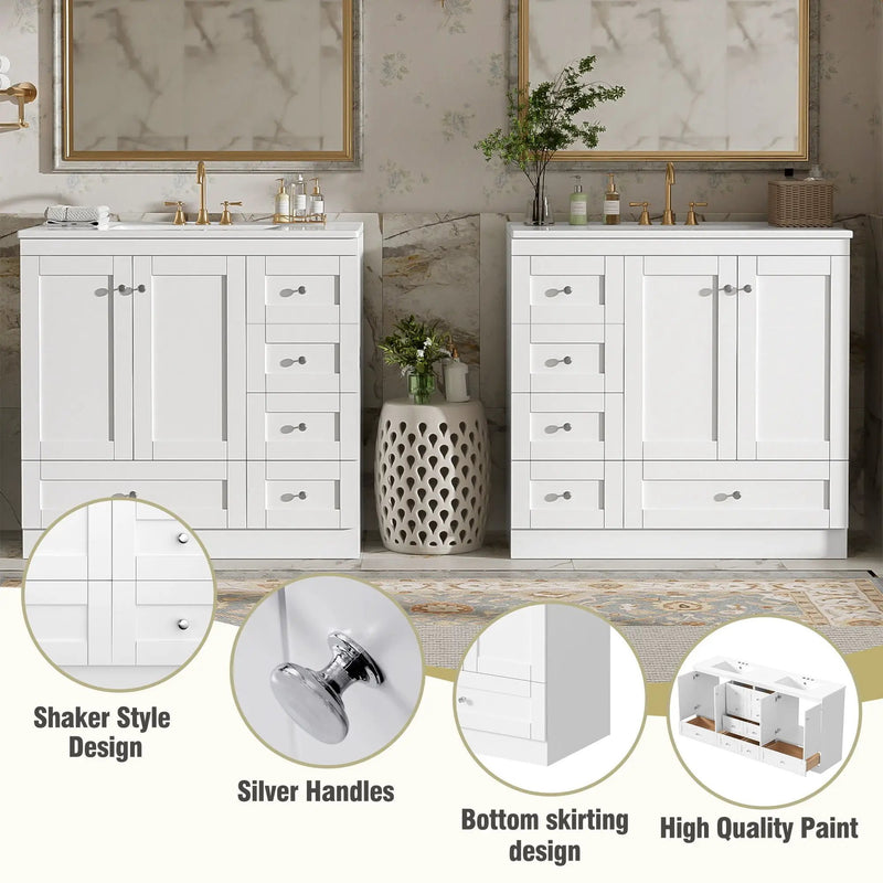 Shaker Free Standing Bathroom Vanity Cabinet & Sink, Soft Close Drawers, Soft Close Doors by HouseOfZazla
