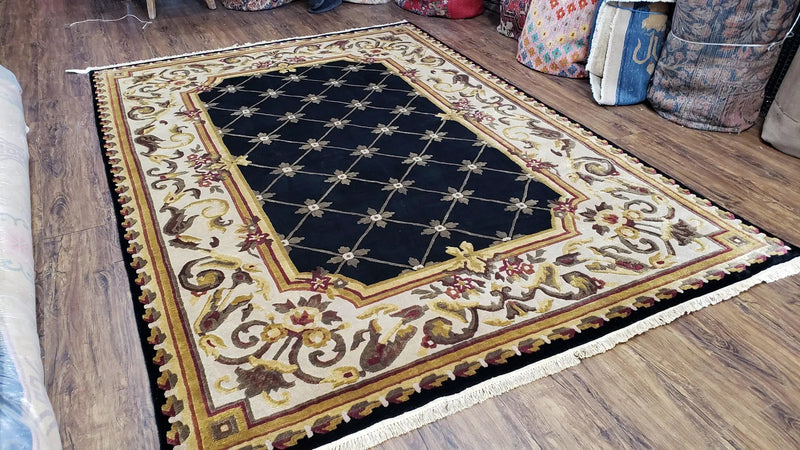 Nepal Rug 6x9, New Aubusson Nepalese Tibetan Carpet 6'1" x 8' 8", Hand-Knotted Wool, Unused, Black & Cream, Savonnerie Pattern, Soft Pile by Jewel Rugs