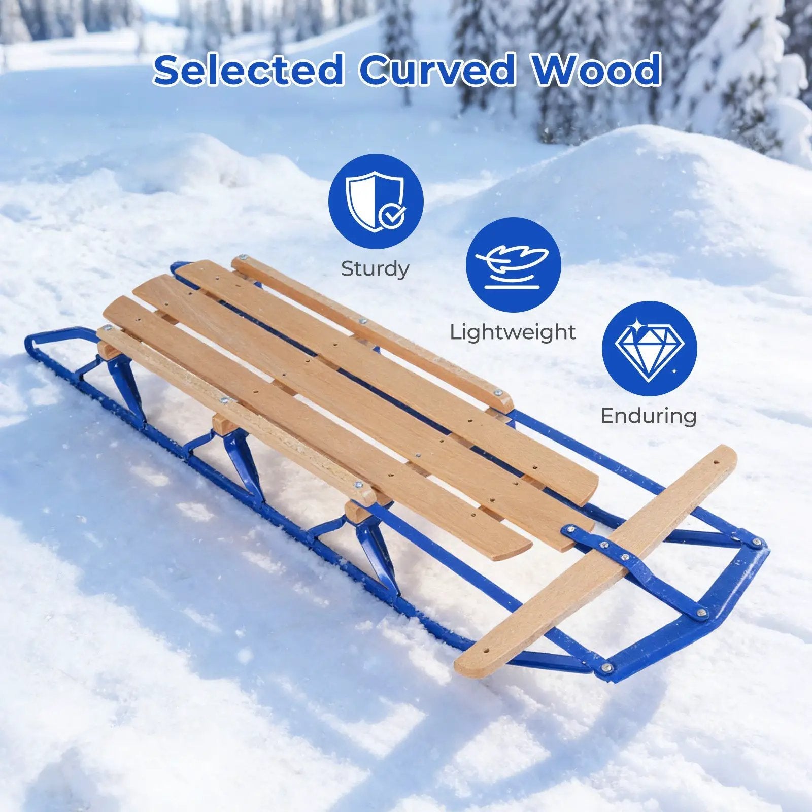 54 Inch Wood Snow Sled with Metal Runners and Steering Bar by DirectDeals