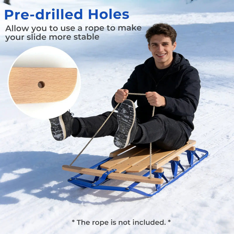 54 Inch Wood Snow Sled with Metal Runners and Steering Bar by DirectDeals