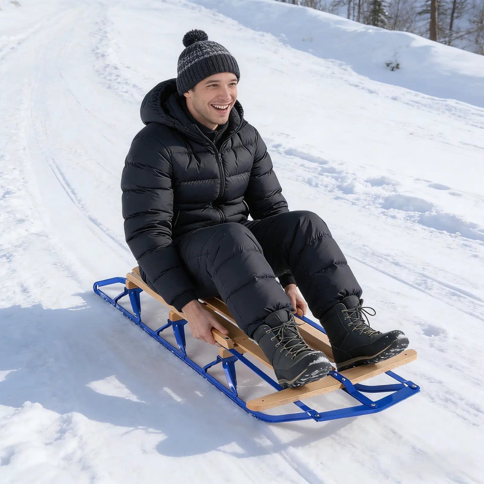 54 Inch Wood Snow Sled with Metal Runners and Steering Bar by DirectDeals