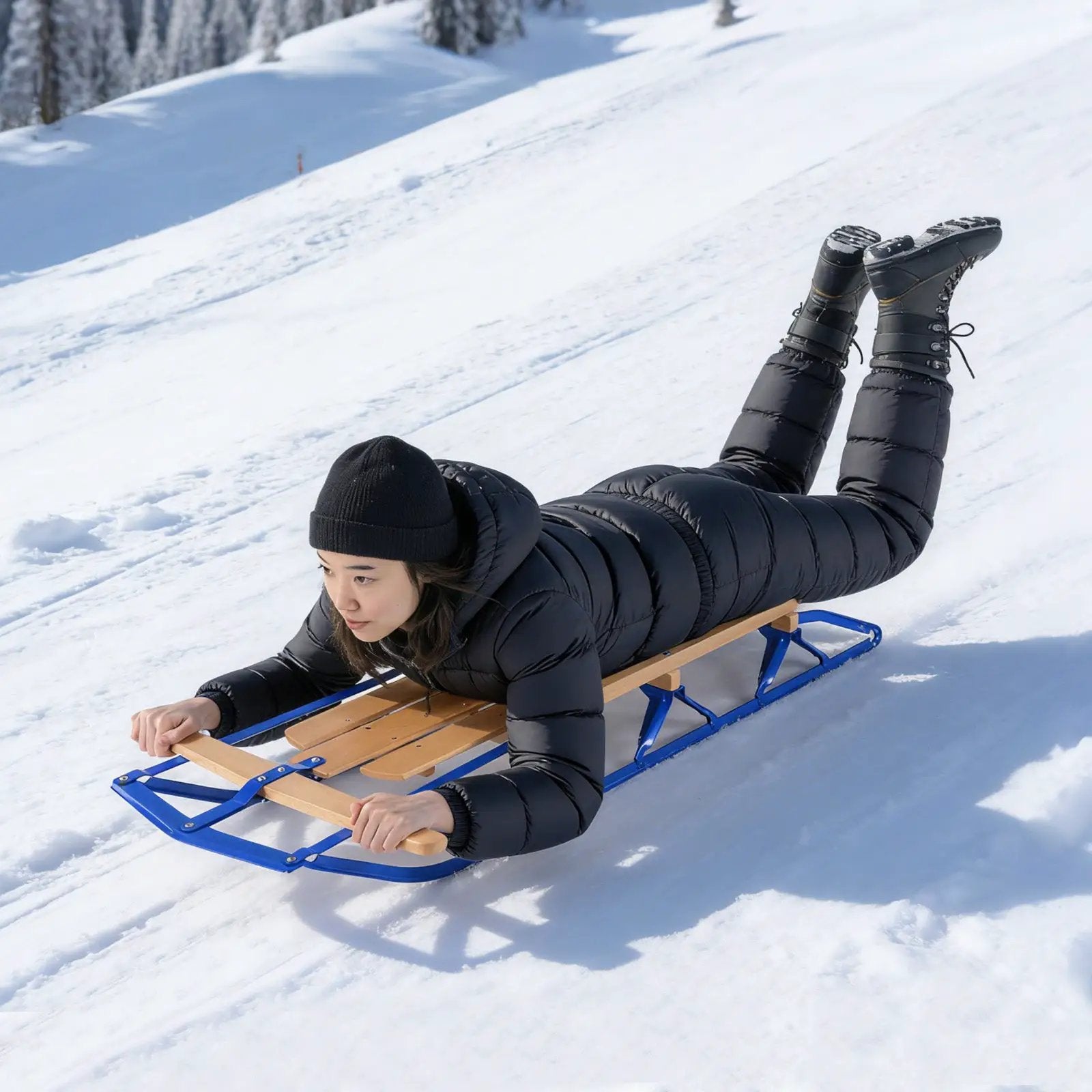 54 Inch Wood Snow Sled with Metal Runners and Steering Bar by DirectDeals