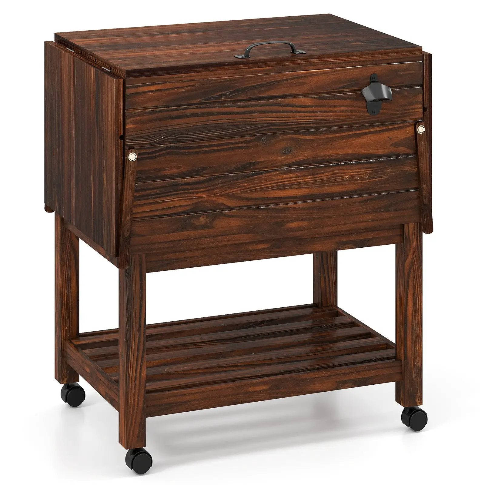 54 Quart Wooden Cooler Cart for Patio Rolling Ice Chest with Shelves-Brown by DirectDeals