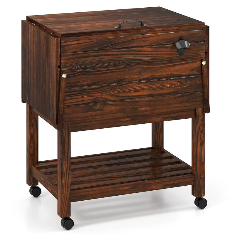 54 Quart Wooden Cooler Cart for Patio Rolling Ice Chest with Shelves-Brown by DirectDeals