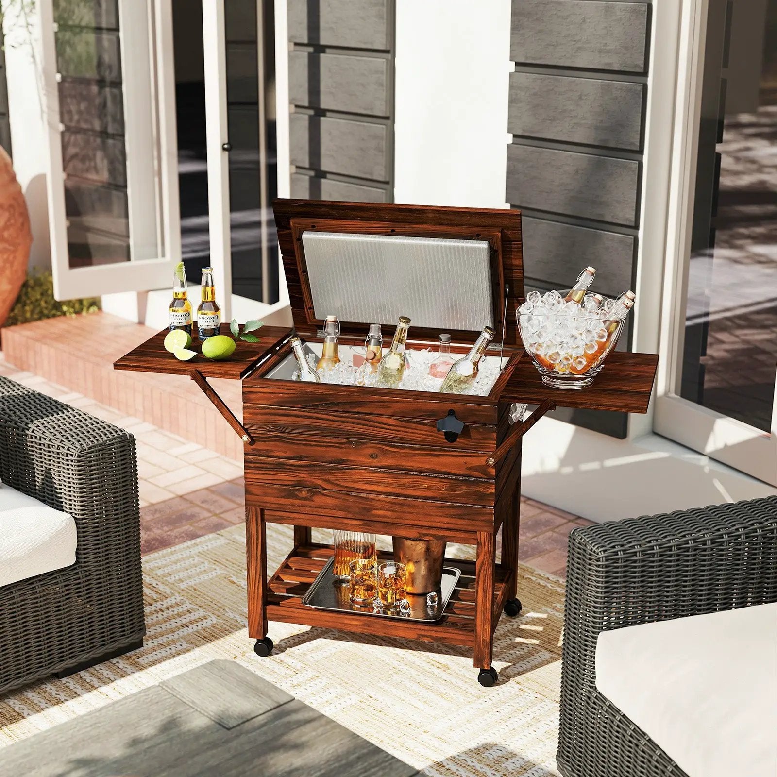 54 Quart Wooden Cooler Cart for Patio Rolling Ice Chest with Shelves-Brown by DirectDeals