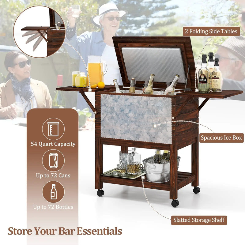 54 Quart Wooden Cooler Cart for Patio Rolling Ice Chest with Shelves-Brown by DirectDeals