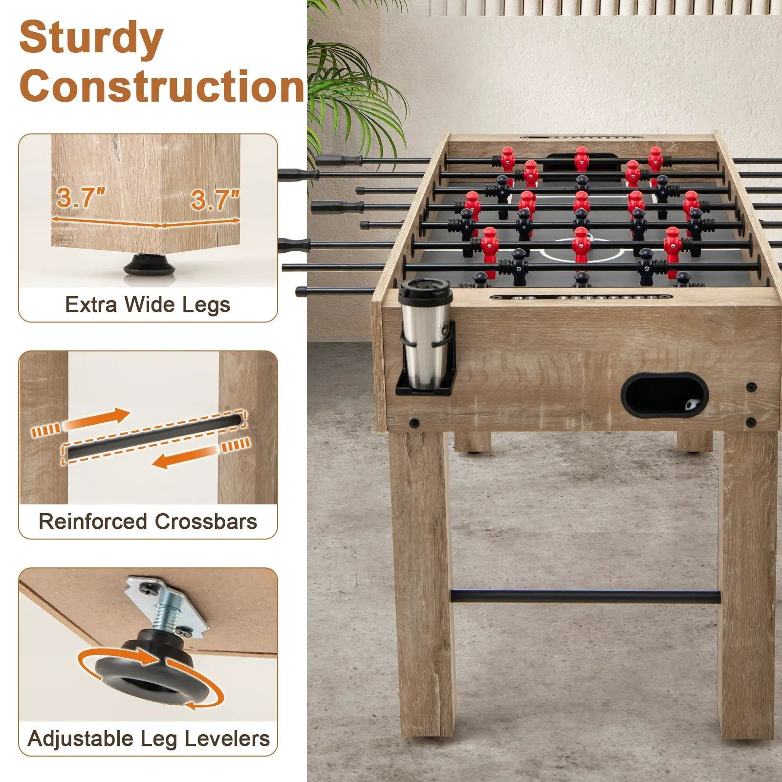 54 Inches Full Size Foosball Table with Legs 2 Balls and 2 Foldable Cup Holders for Kids Teens Adults-Natural by DirectDeals