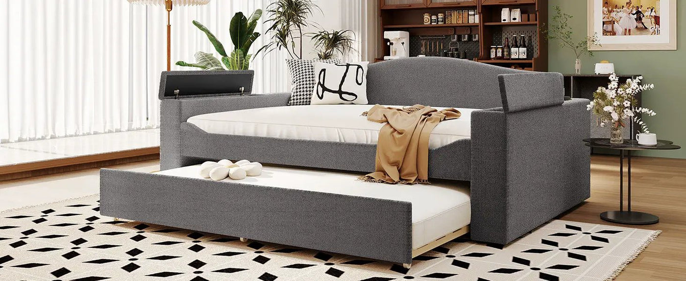 Upholstered Daybed With Storage Armrests, Trundle And Latest Integrated tooth Audio System by HouseOfZazla