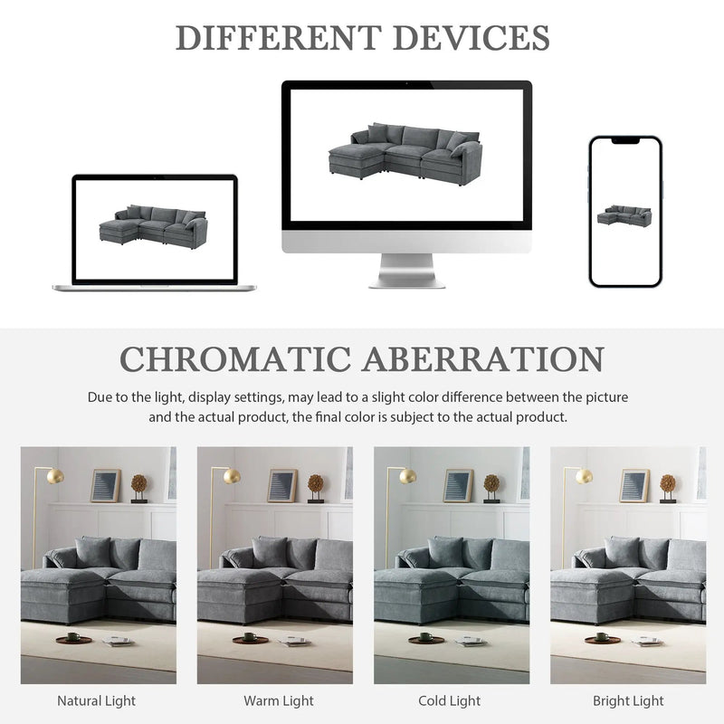 Modular Sectional With Deep And Wide Seat, Cloud Couch Set With Double Cushions Sofa With Movable Ottoman by HouseOfZazla