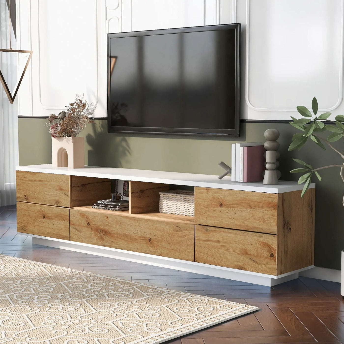 TV Stand Entertainment Center with Deep Drawers, Cable Management & Soft Closing Hinges by HouseOfZazla