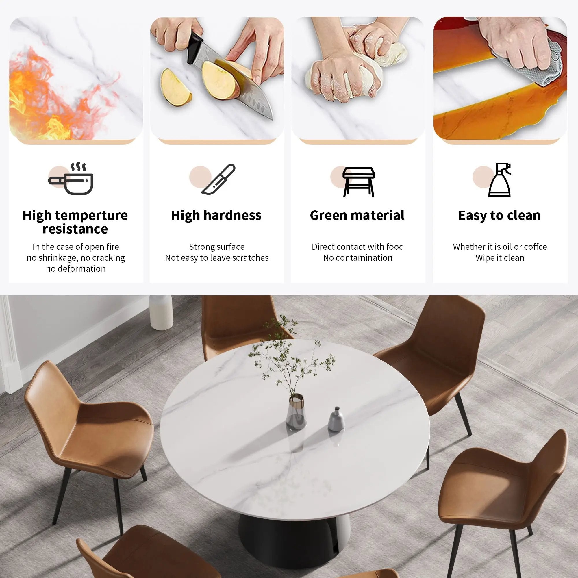 53.15" Modern Artificial Stone Round Carbon Steel Base Dining Table, Can Accommodate 6 People - White / Black by Unique Piece Furniture