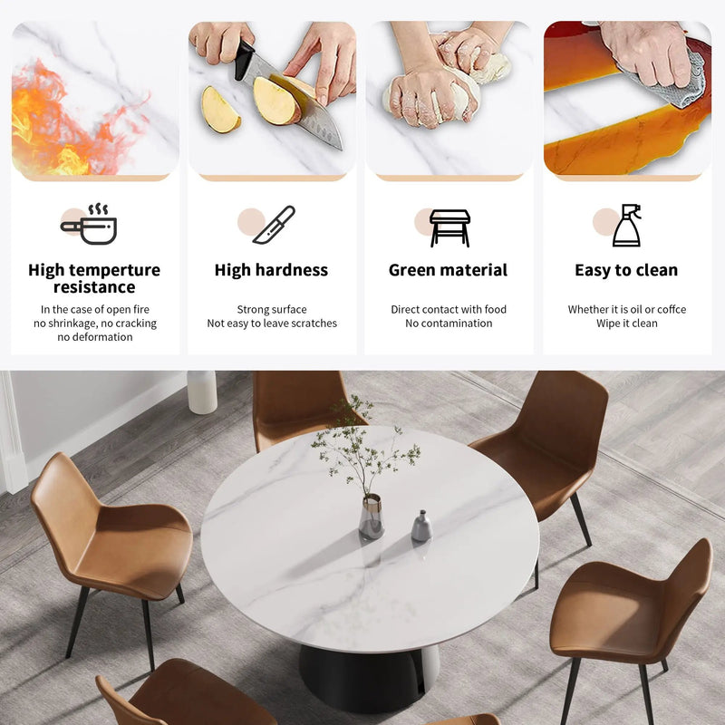 53.15" Modern Artificial Stone Round Carbon Steel Base Dining Table, Can Accommodate 6 People - White / Black by HouseOfZazla