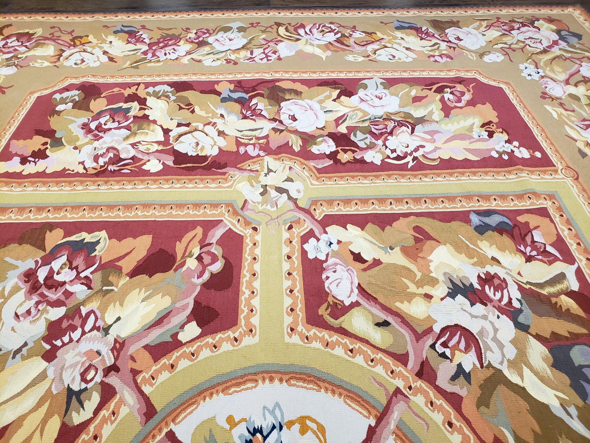 Vintage Chinese Aubusson Savonnerie Flat Pile Rug 9.9 x 14.5 Wool Handwoven Red & Khaki Large Flowers Rug 9x14 - 10x15 Michaelian Kolhberg by Jewel Rugs