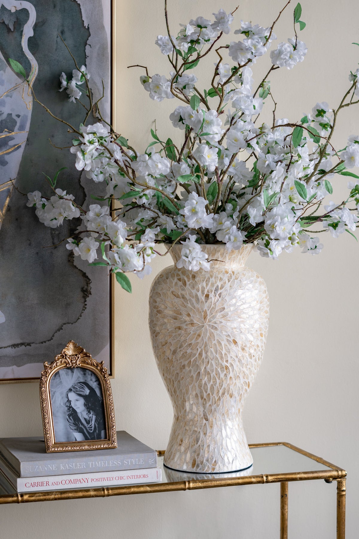 Large Vase with Capiz Shell Motif - Gold & White