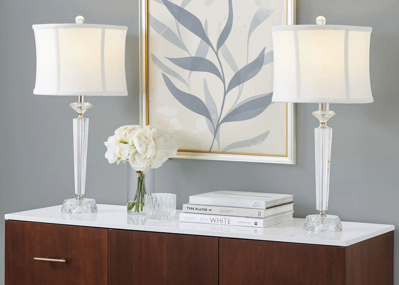 Diamond - Torch Contemporary Crystal Table Lamp (Set of 2) - Clear / Off White / Polished Nickel by HouseOfZazla