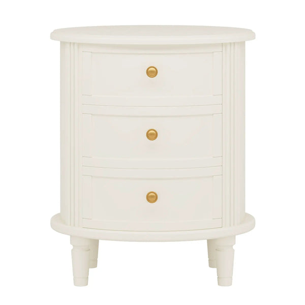 Oval Nightstand With 3 Drawers, Bedside Table - White