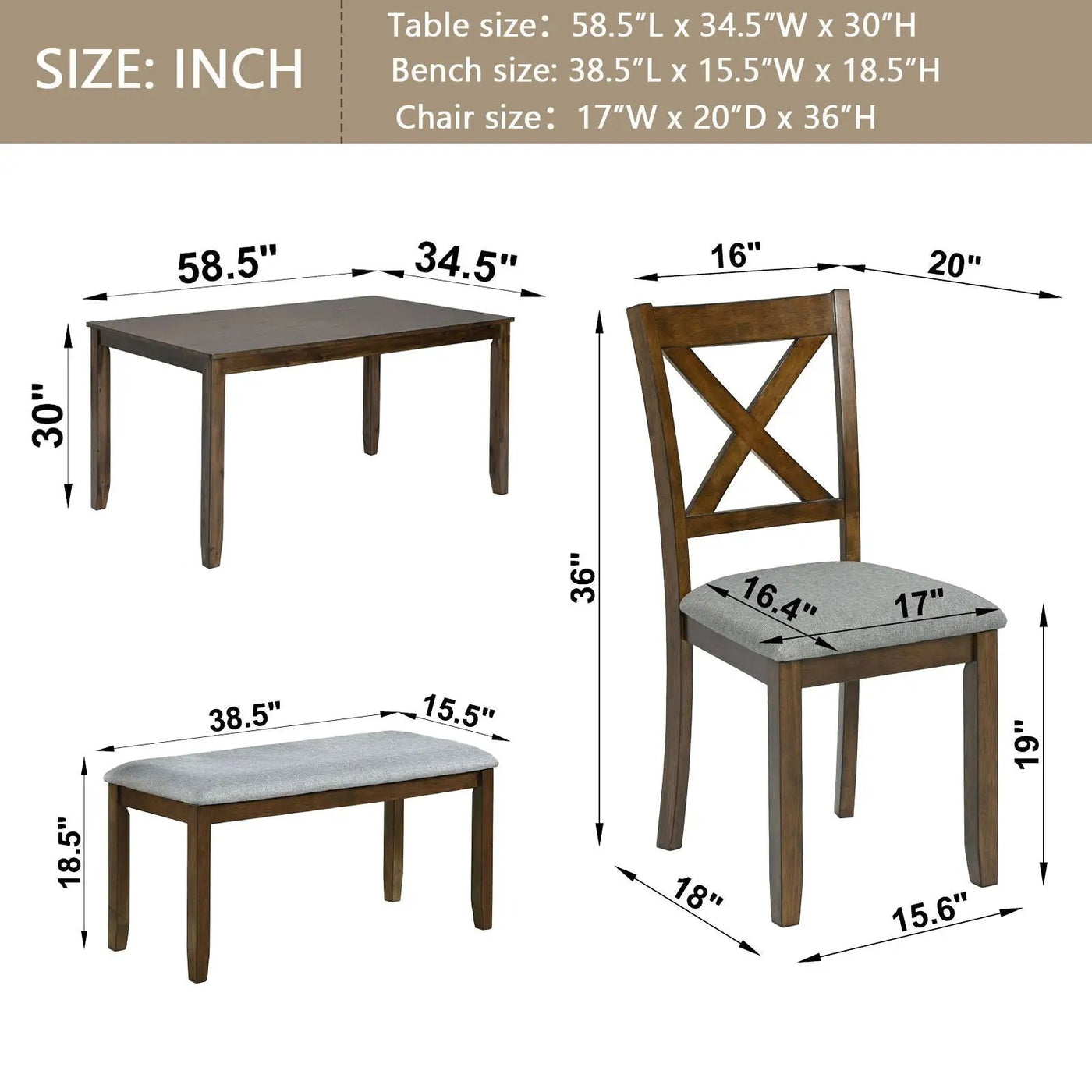 6 Pieces Kitchen Dining Set, Rectangular Wooden Dining Table With 4 Chairs And A Bench by HouseOfZazla