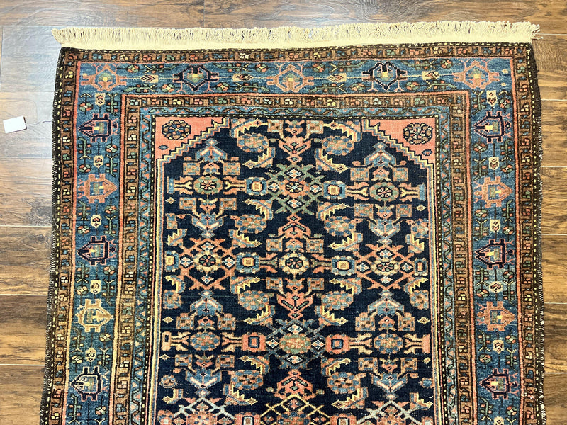 Antique Persian Tribal Rug 5x7, Navy Blue & Pink, Hand Knotted Handmade 1920s Wool Rug, Allover Pattern, Persian Hamadan Rug by Jewel Rugs