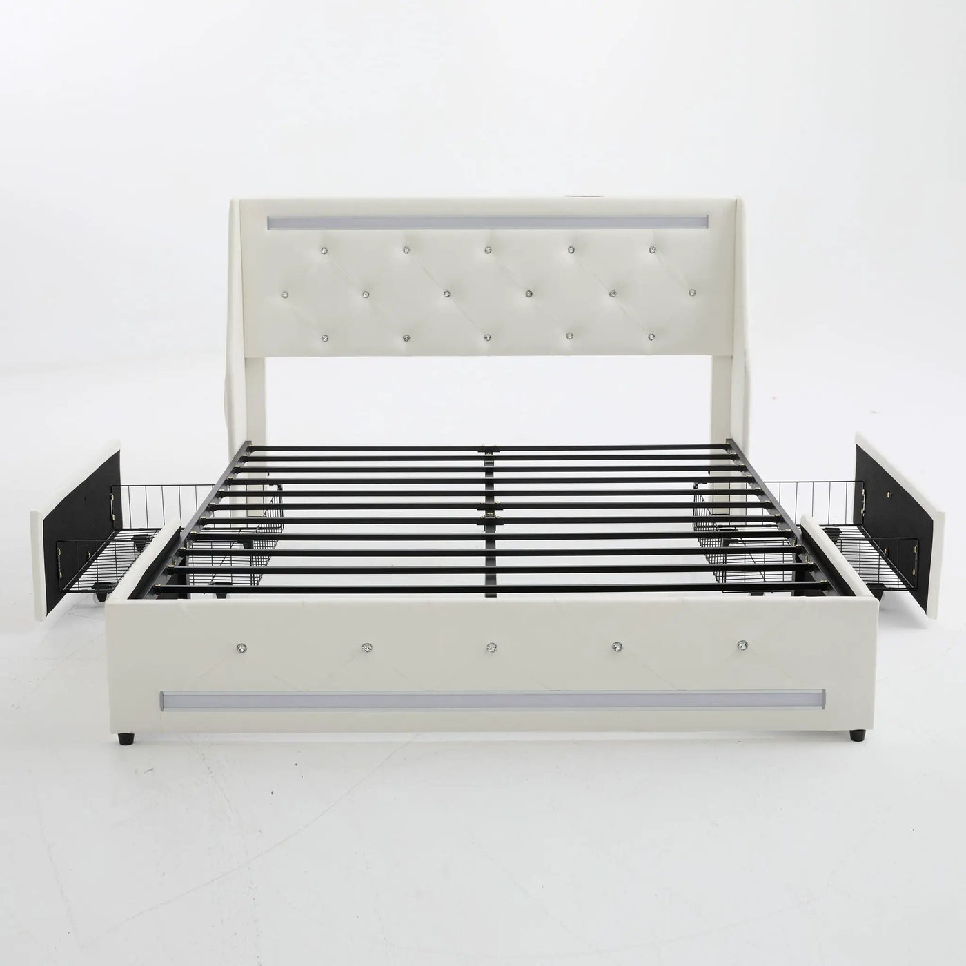 Wingback Upholstered Bed Frame With LED Lights, Charging Station by HouseOfZazla