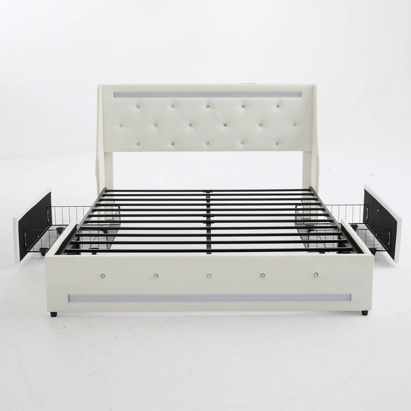 Wingback Upholstered Bed Frame With LED Lights, Charging Station by HouseOfZazla